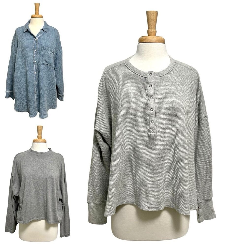 Aerie LOT BUNDLE of 3 Shirt Tops Waffle-Knit Cropped Gauze Neutral size Large